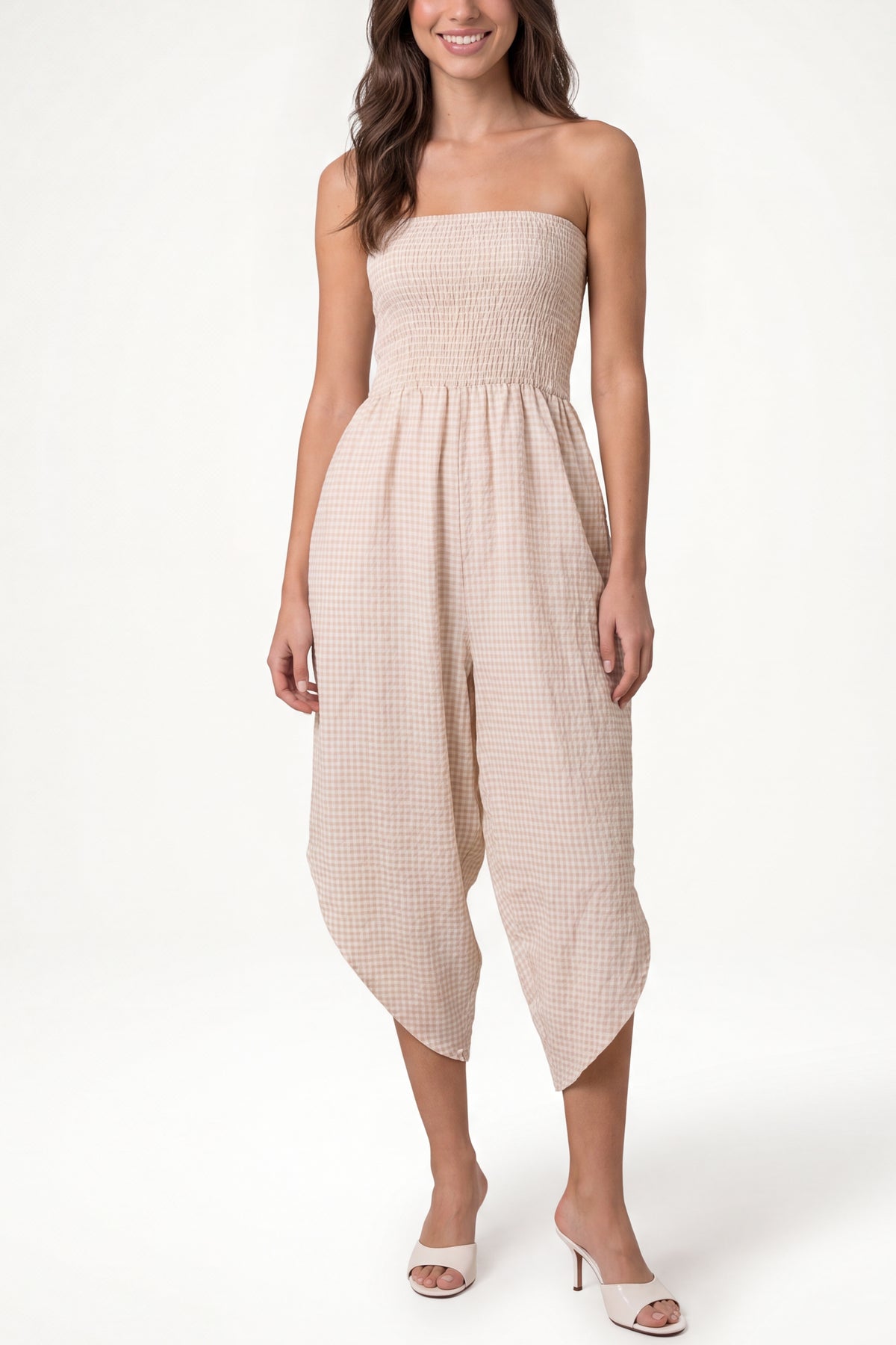 Bandeu Shirred Asymmetric Checked Jumpsuit