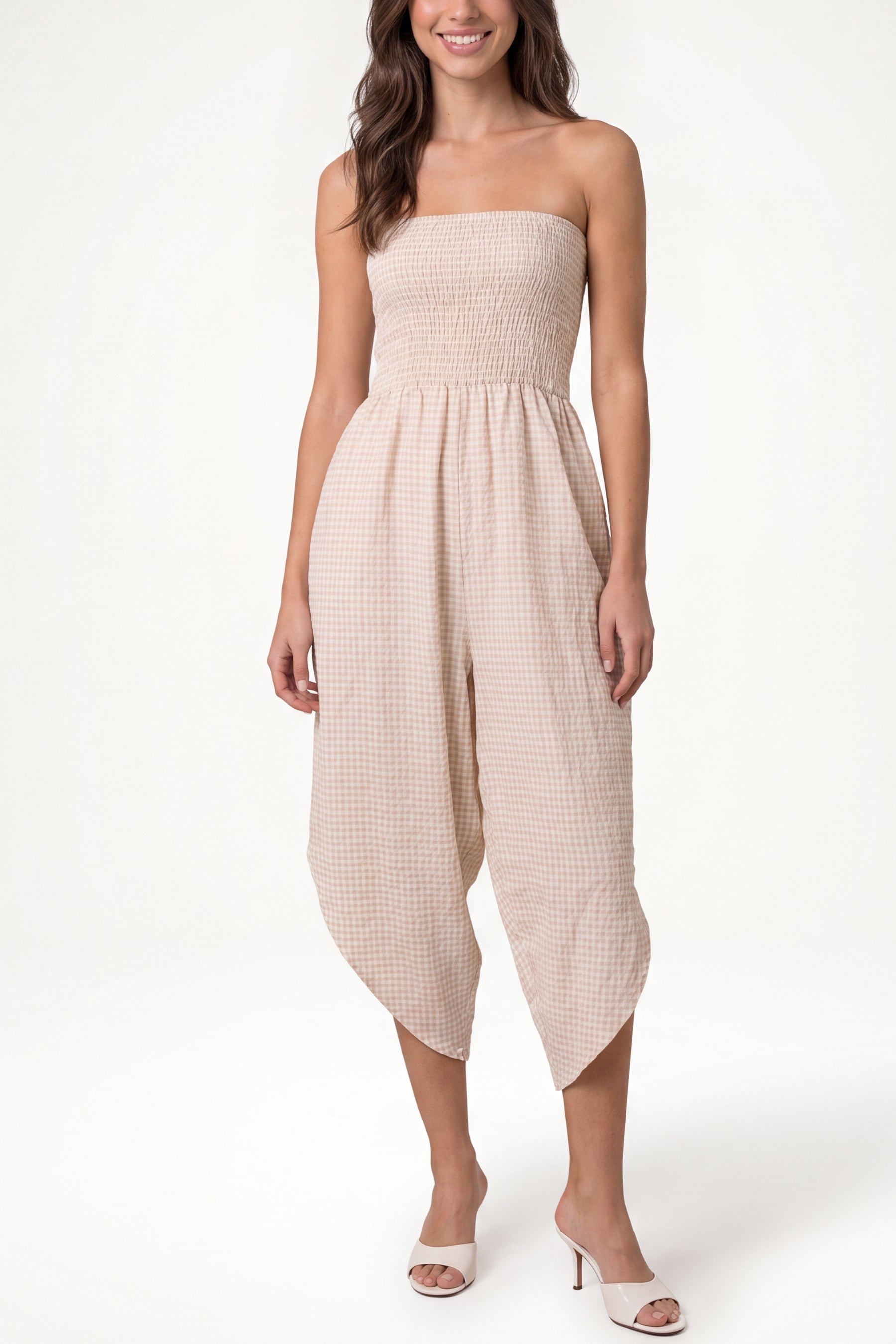 Bandeau Shirred Asymmetric Checked Jumpsuit