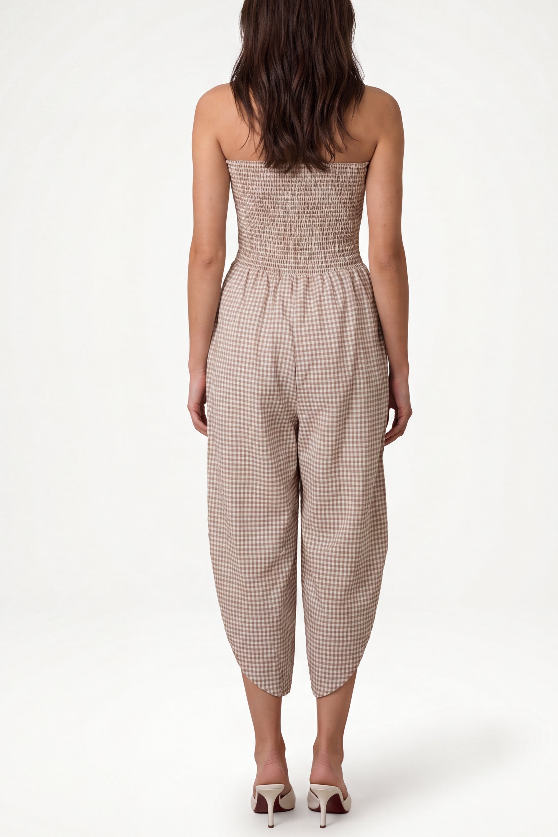 Bandeau Shirred Asymmetric Checked Jumpsuit