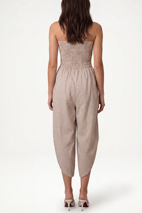 Bandeau Shirred Asymmetric Checked Jumpsuit