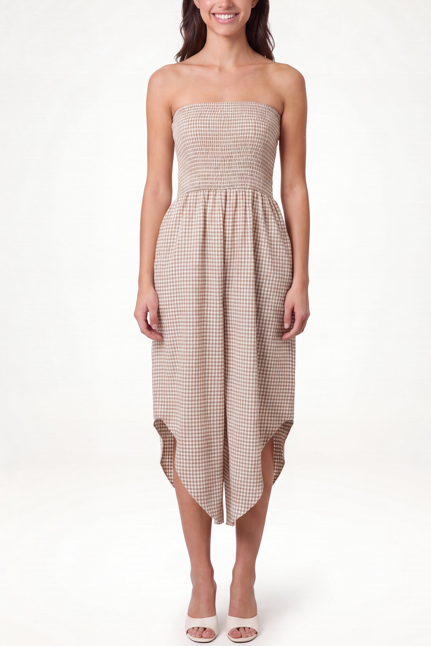 Bandeau Shirred Asymmetric Checked Jumpsuit