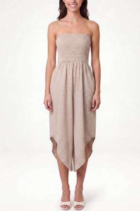 Bandeau Shirred Asymmetric Checked Jumpsuit