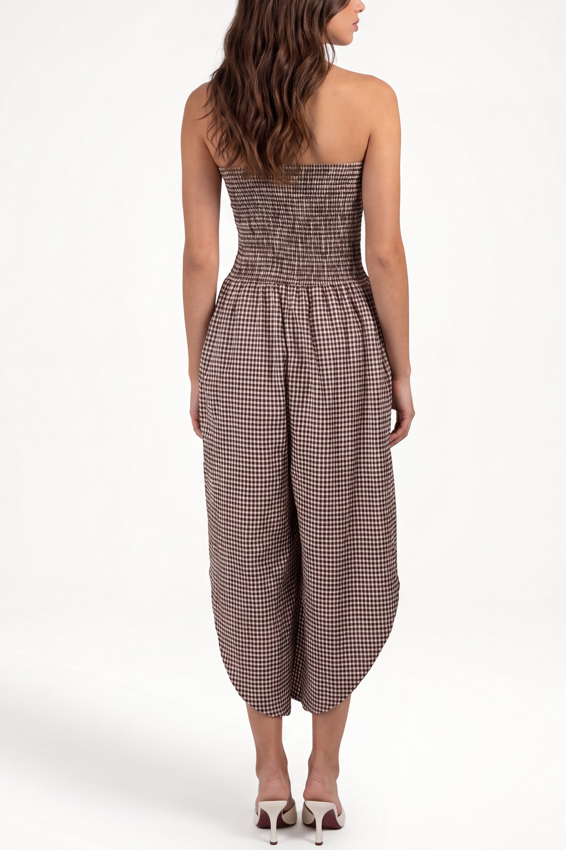 Bandeau Shirred Asymmetric Checked Jumpsuit