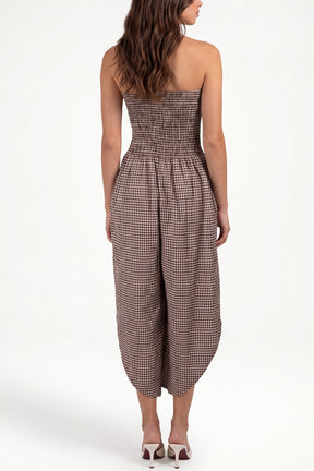 Bandeau Shirred Asymmetric Checked Jumpsuit