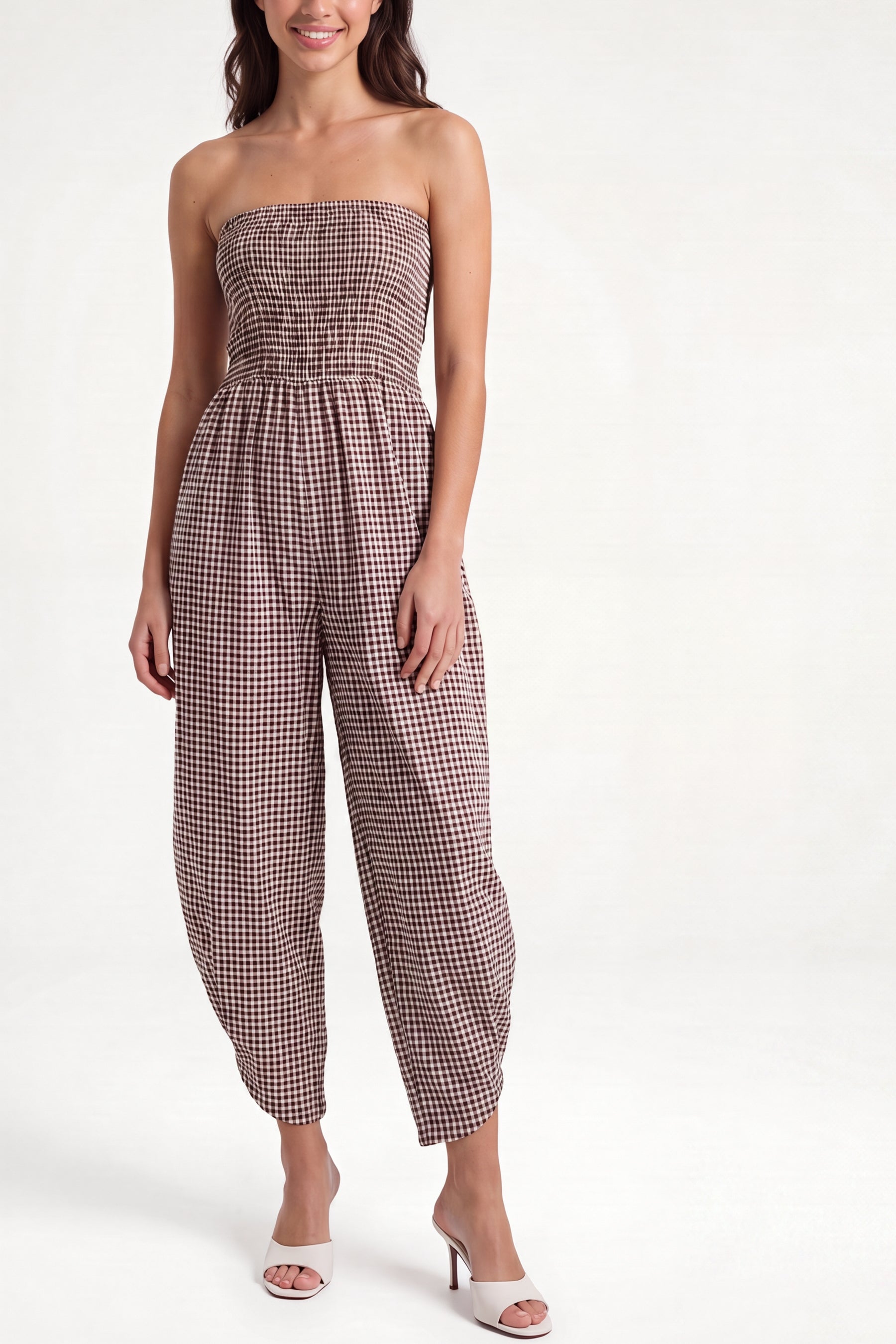 Bandeau Shirred Asymmetric Checked Jumpsuit