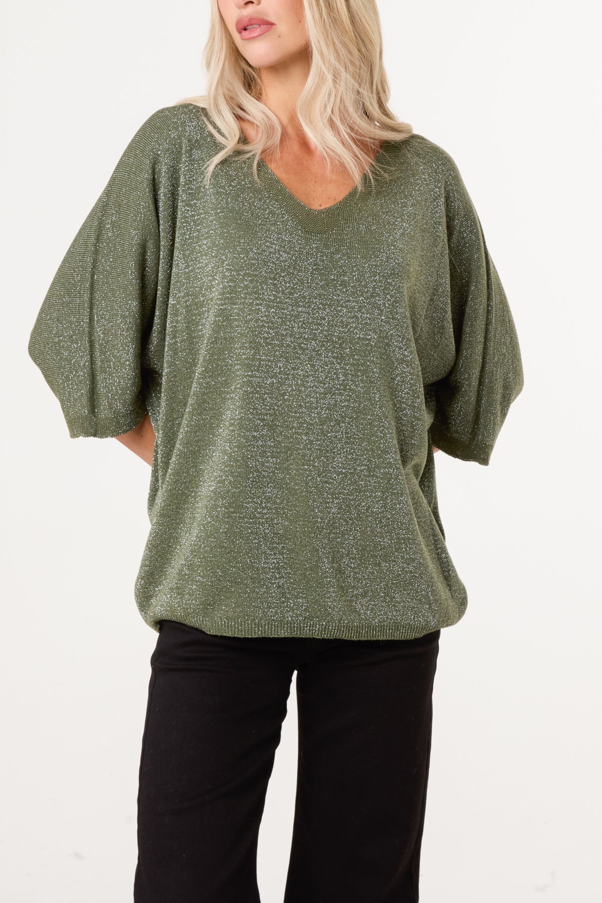 Sparkly Effect V-Neck 3/4 Sleeve Knit Top
