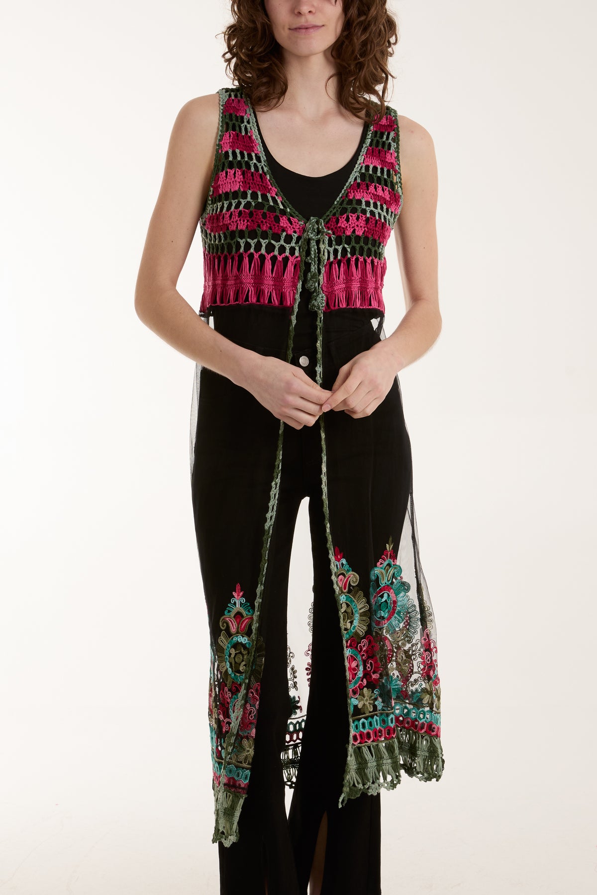 Crochet Tassel Longline Mesh Kimono