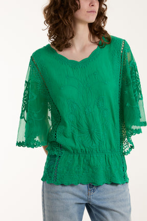 Floral Lace Butterfly Sleeve Blouse