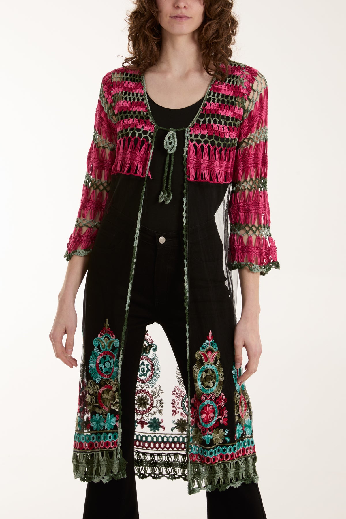 Longline Crochet Detail Mesh Kimono