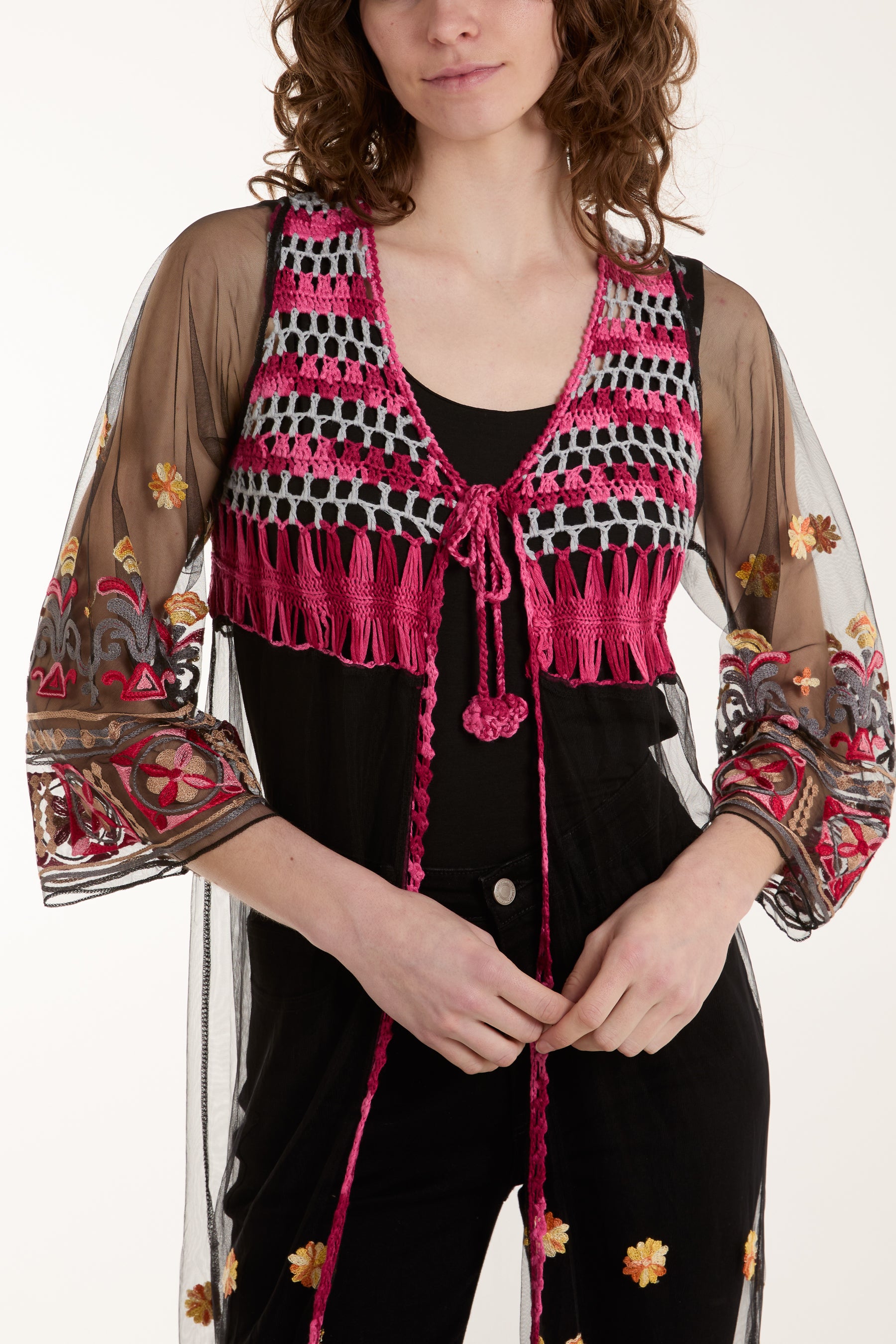 Longline Crochet Mesh Tie Kimono