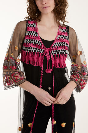 Longline Crochet Mesh Tie Kimono