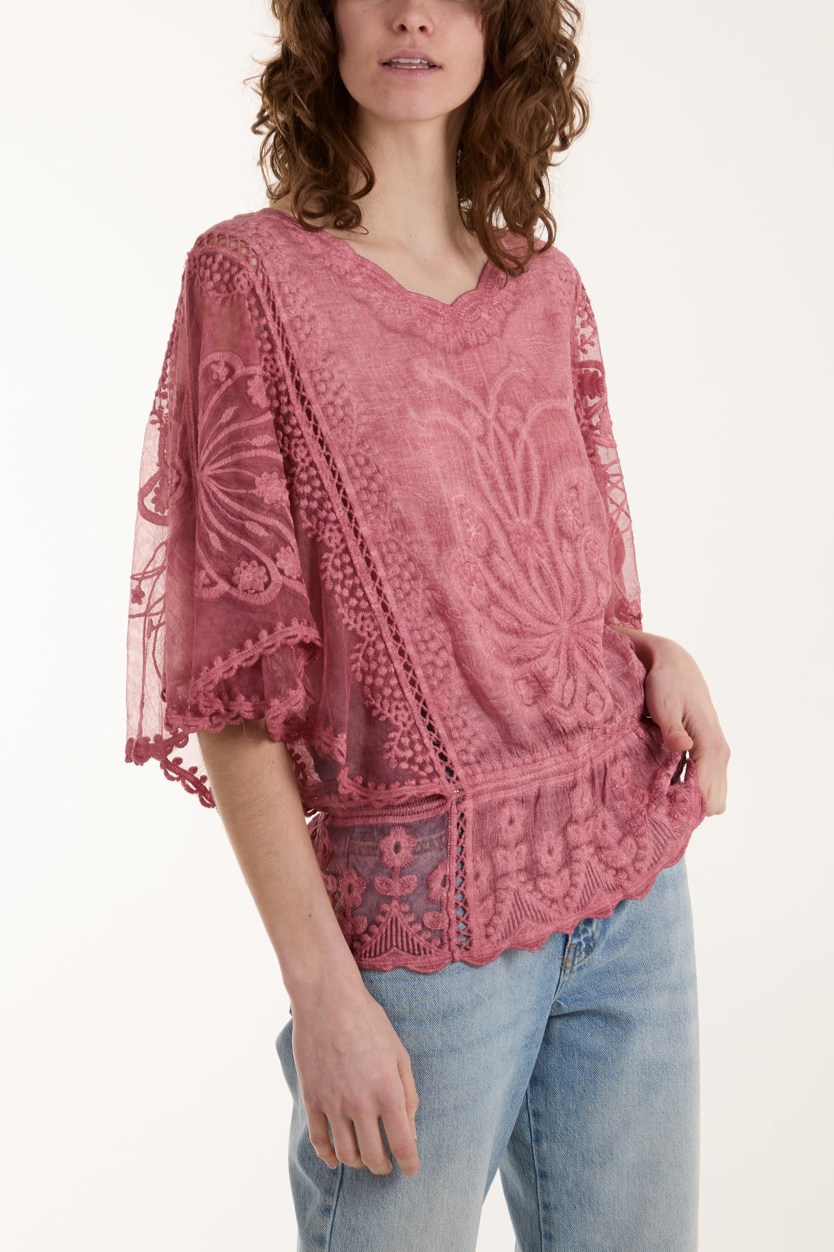 Stone Wash Lace Detail Top