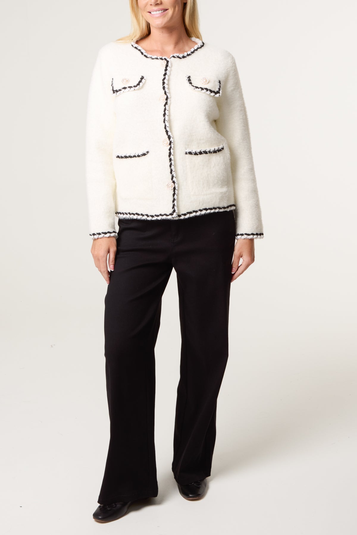 Knit Contrast Rope Trim Cardigan