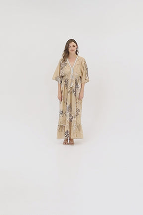 Leaf Print V-Neck Tassel Front Maxi Dress