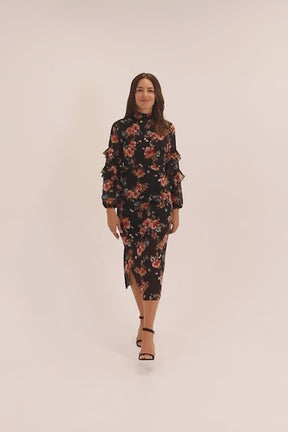 Ruffled Sleeve Floral Print Midi Dress