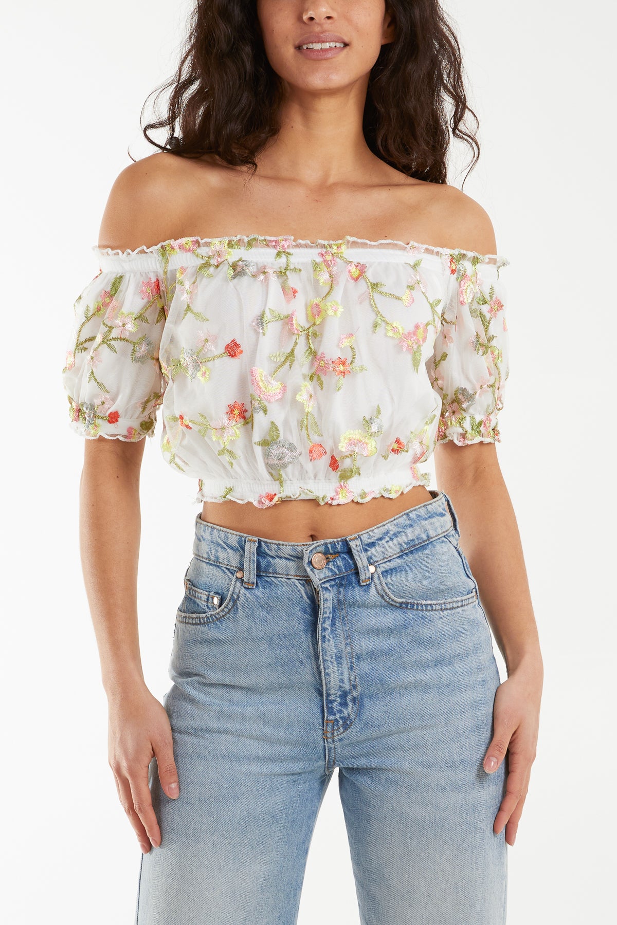 Floral Embroidery Mesh Bardot Crop Top