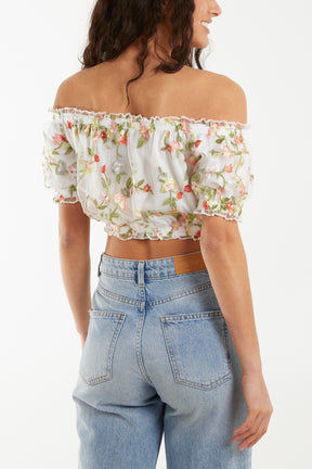 Floral Embroidery Mesh Bardot Crop Top
