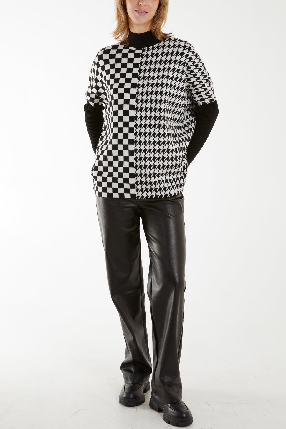 Checked And Dogtooth High Neck Jumper