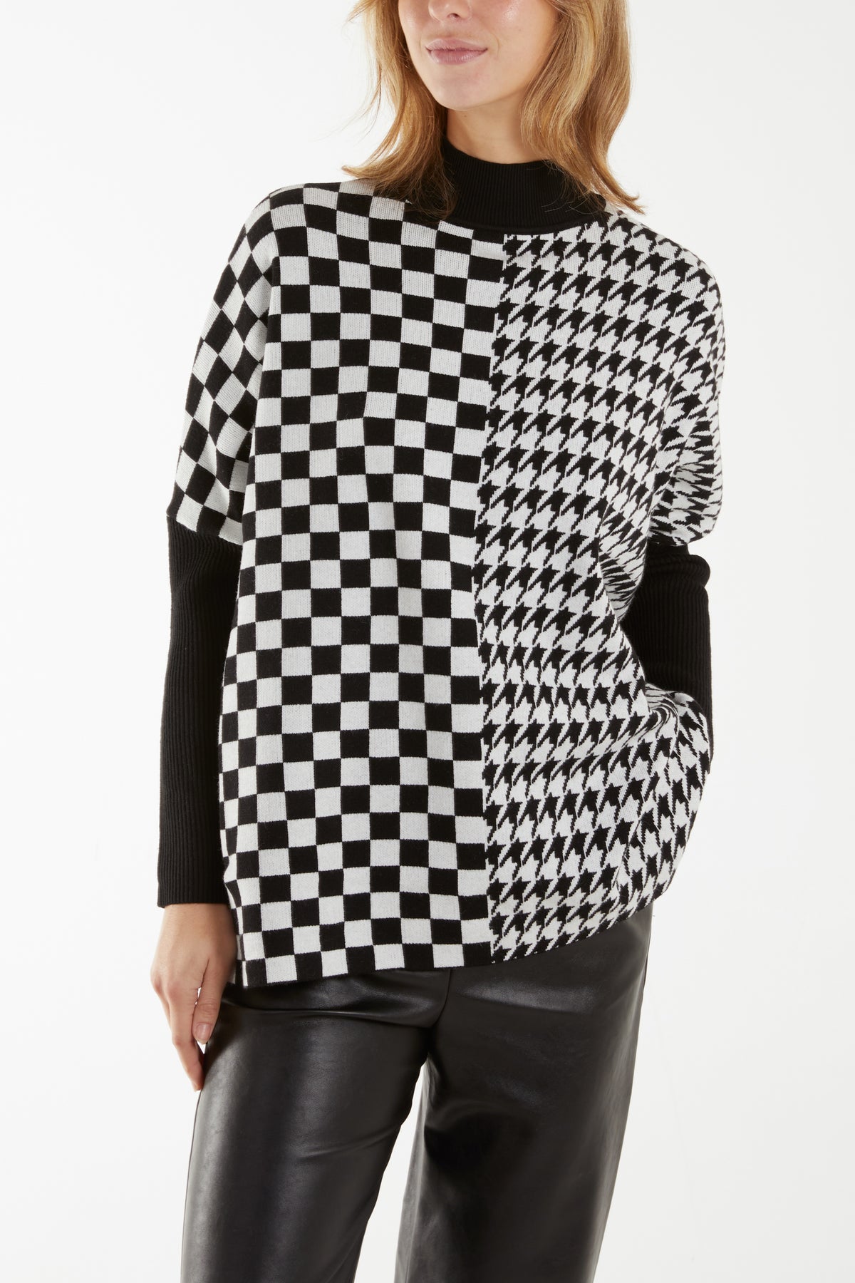 Checked And Dogtooth High Neck Jumper