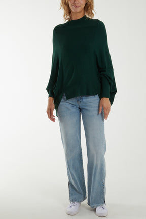 Batwing Split Hem High Neck Jumper