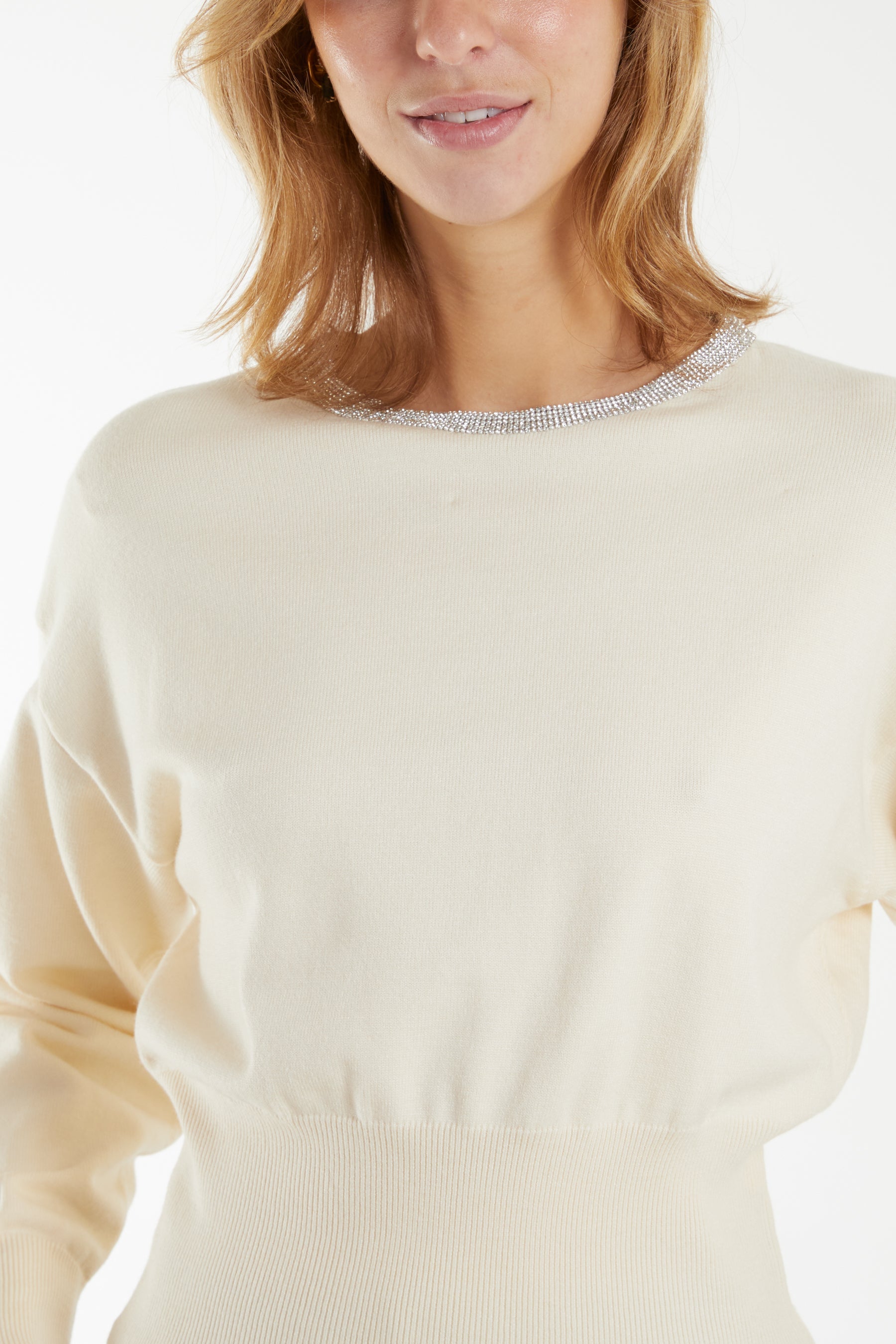 Sequin Neck Cropped Cinched Jumper