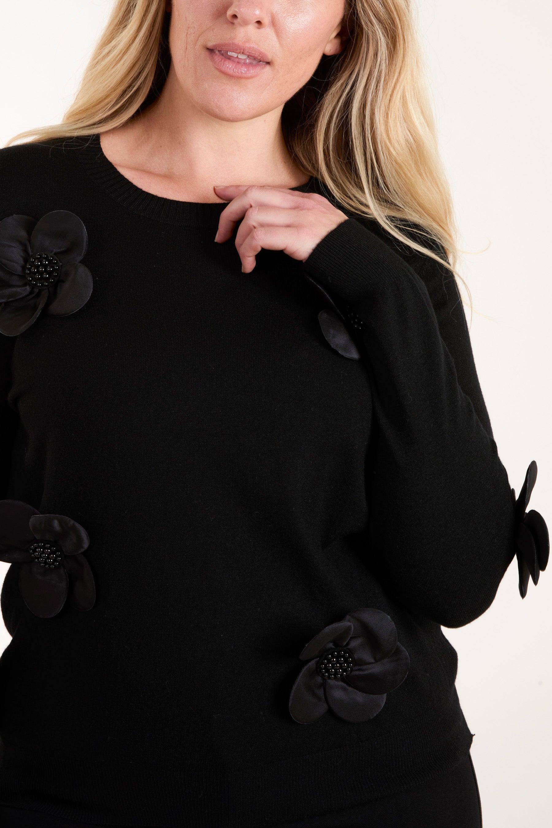 Satin & Beaded Flowers Knit Jumper