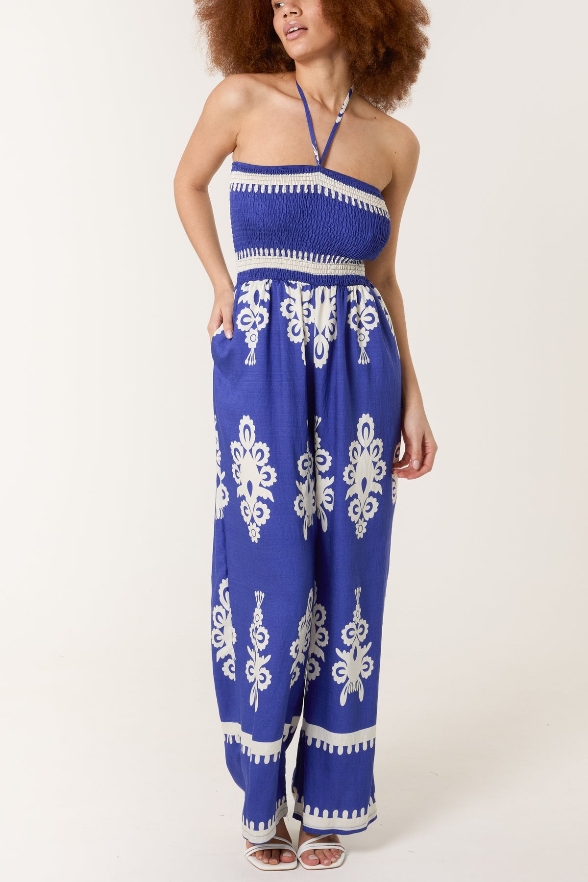 Shirred Bodice Halterneck Printed Jumpsuit