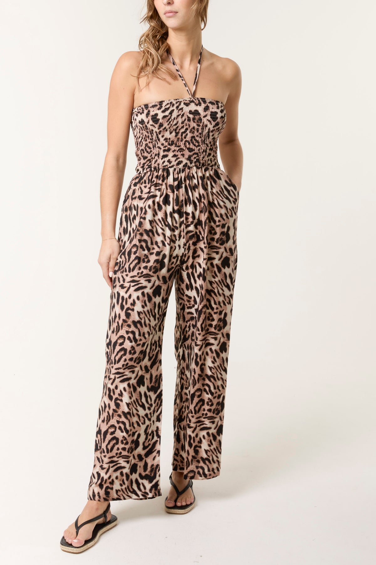 Leopard Print Shirred Bodice Halterneck Jumpsuit