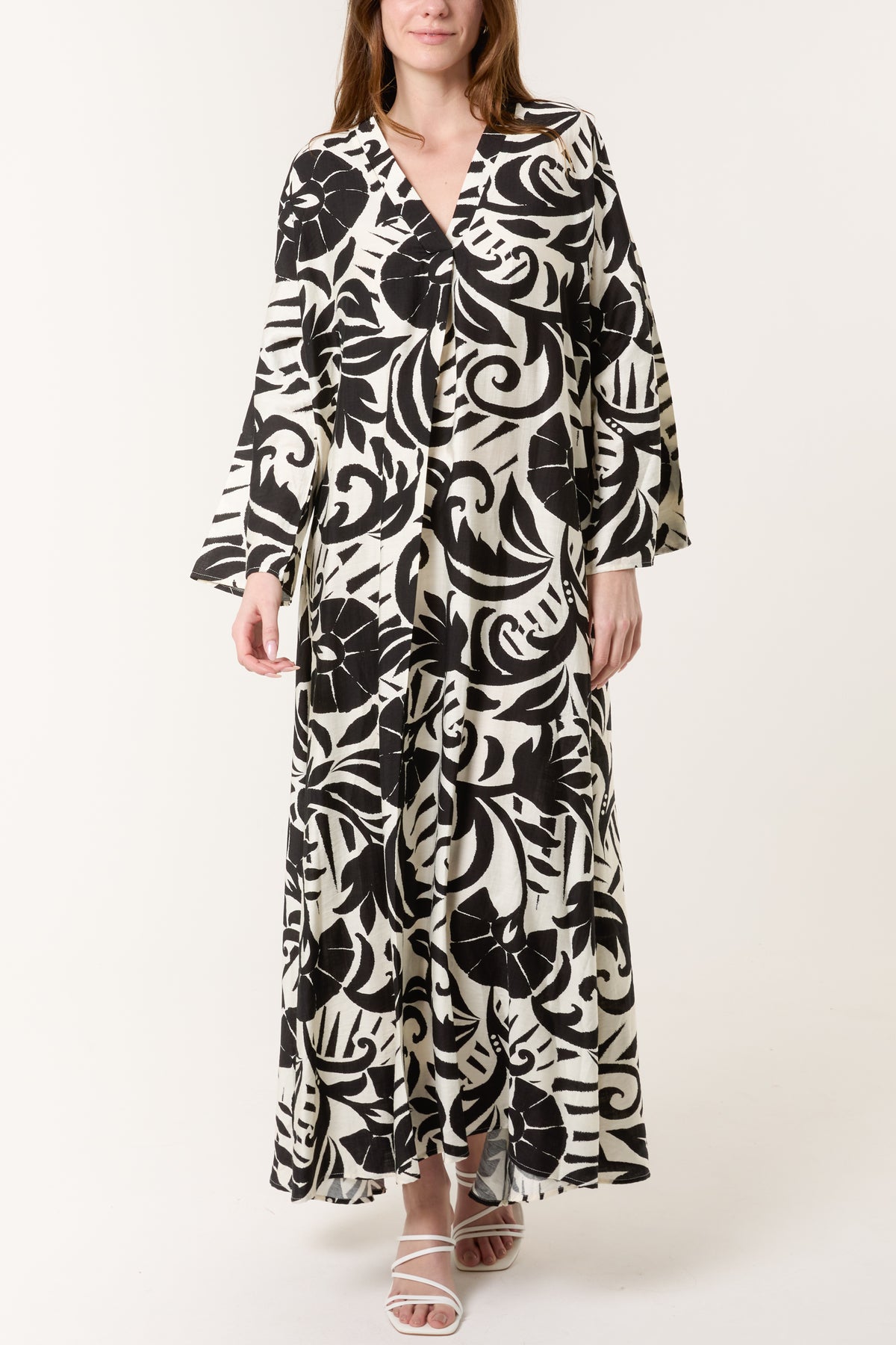 Abstract Leaf V-Neck Maxi Dress