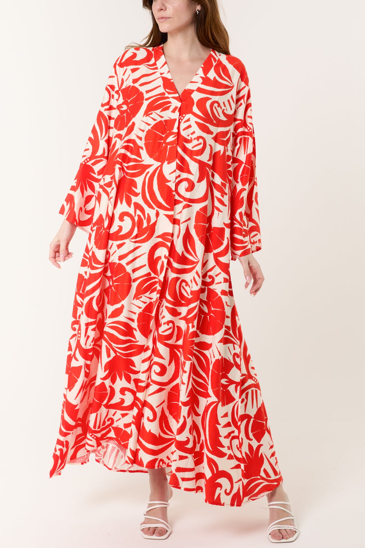 Abstract Leaf V-Neck Maxi Dress