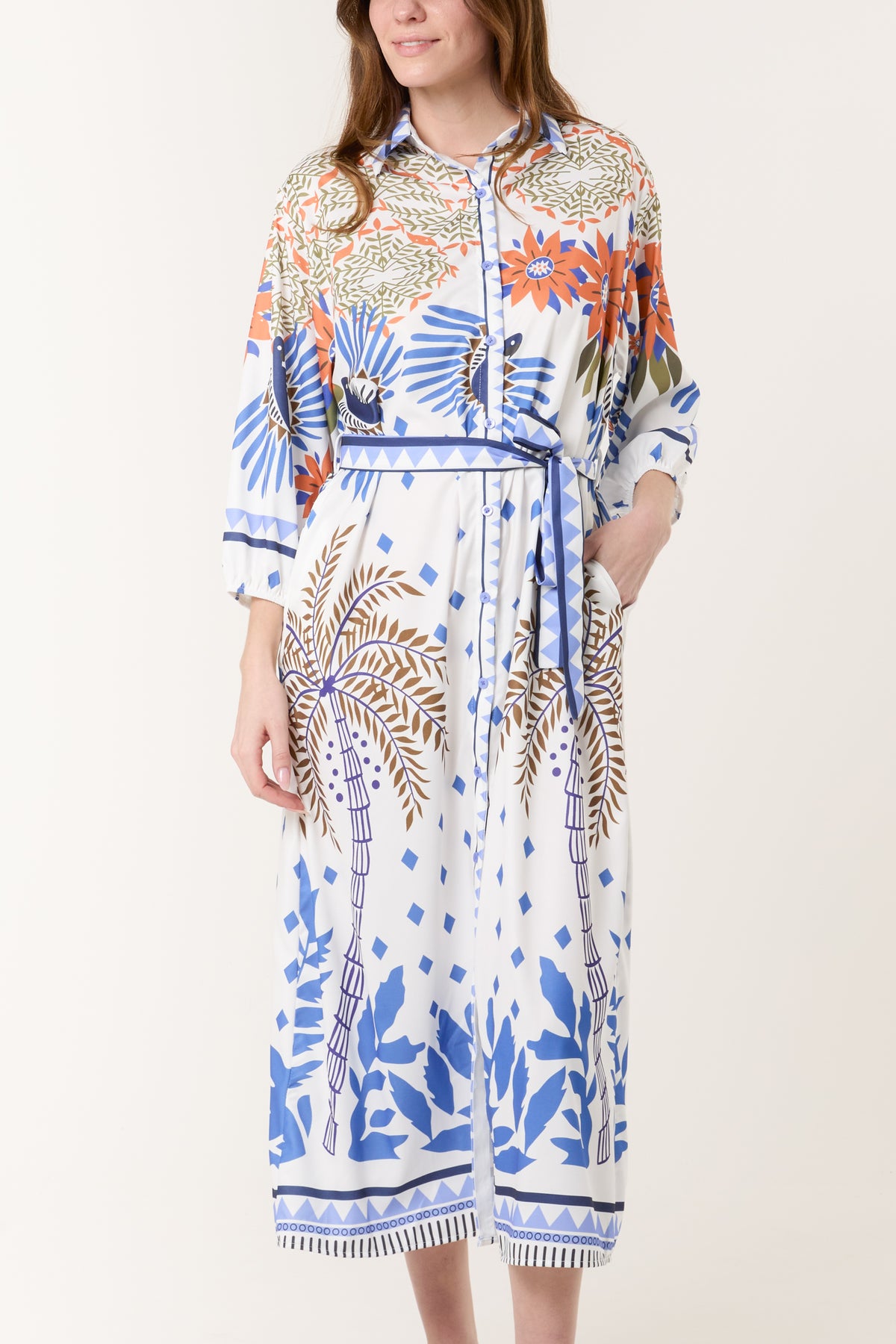 Tropical Print Button & Belt Midi Dress