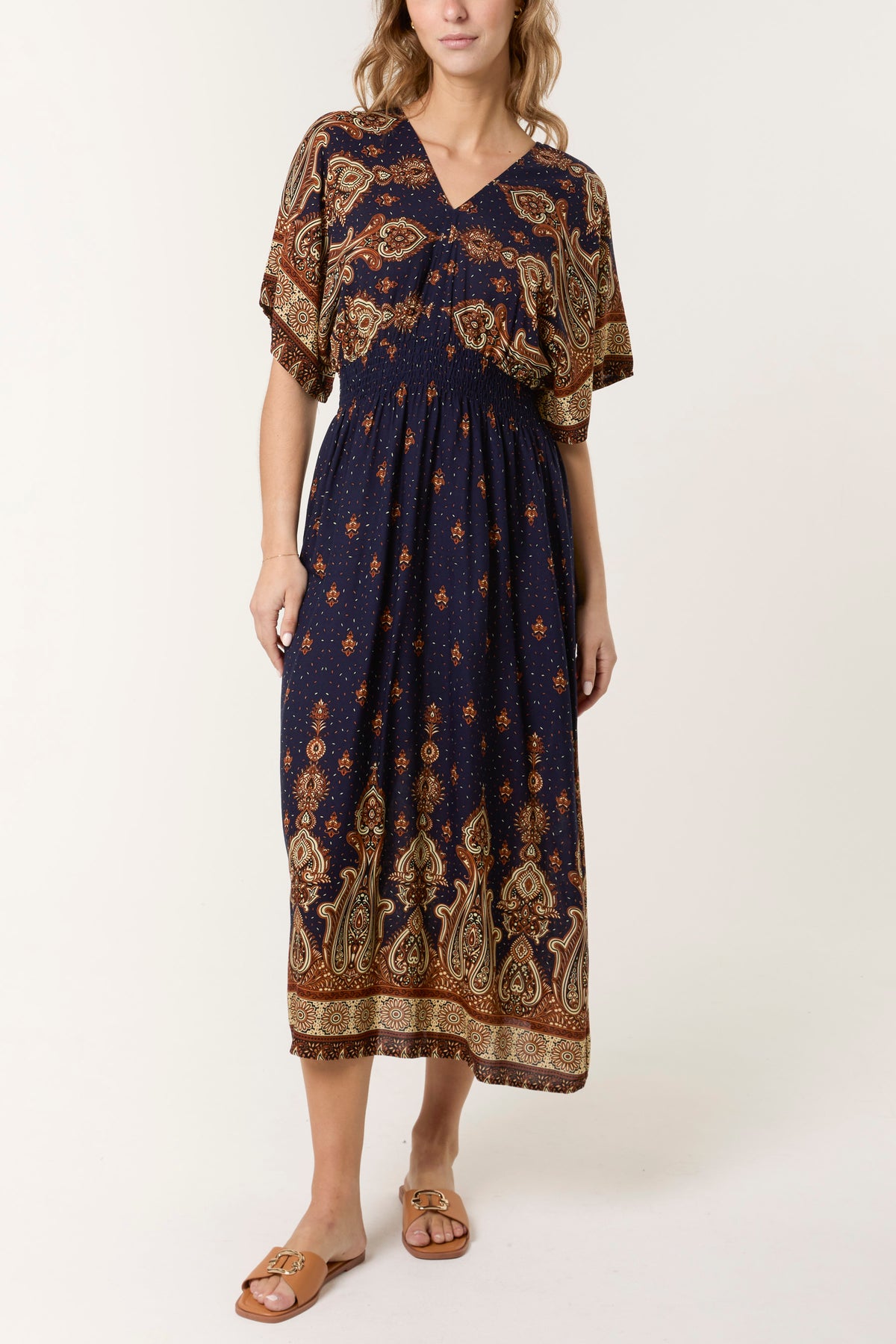 Printed Shirred Waist Midi Dress