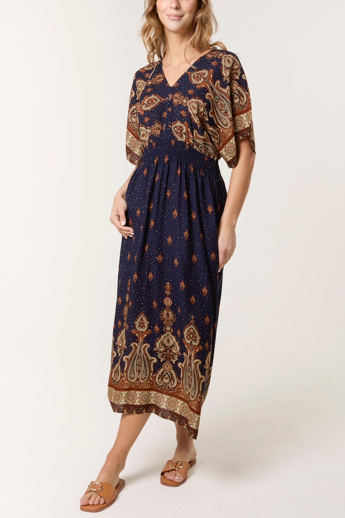 Printed Shirred Waist Midi Dress