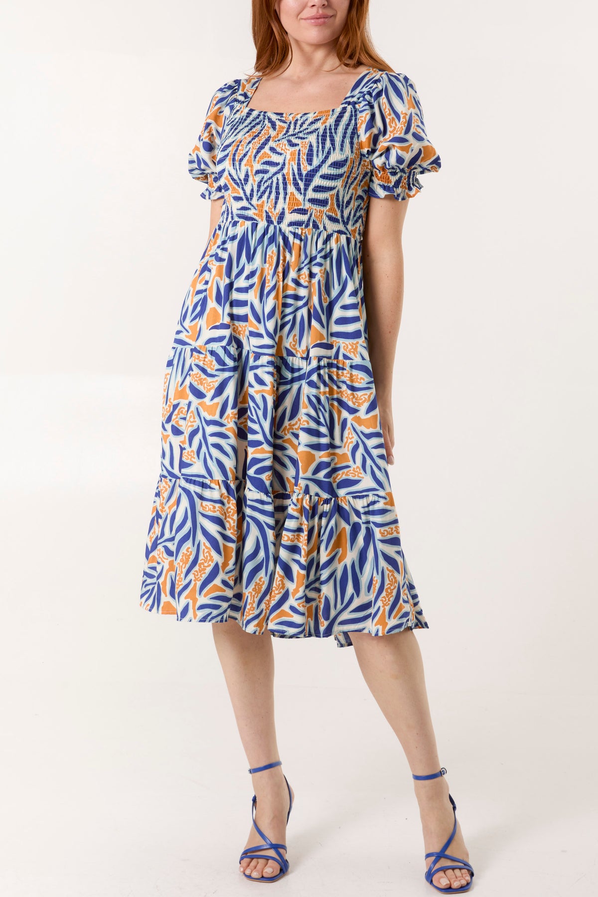 Tropical Leaf Shirred Square Neck Midi Dress