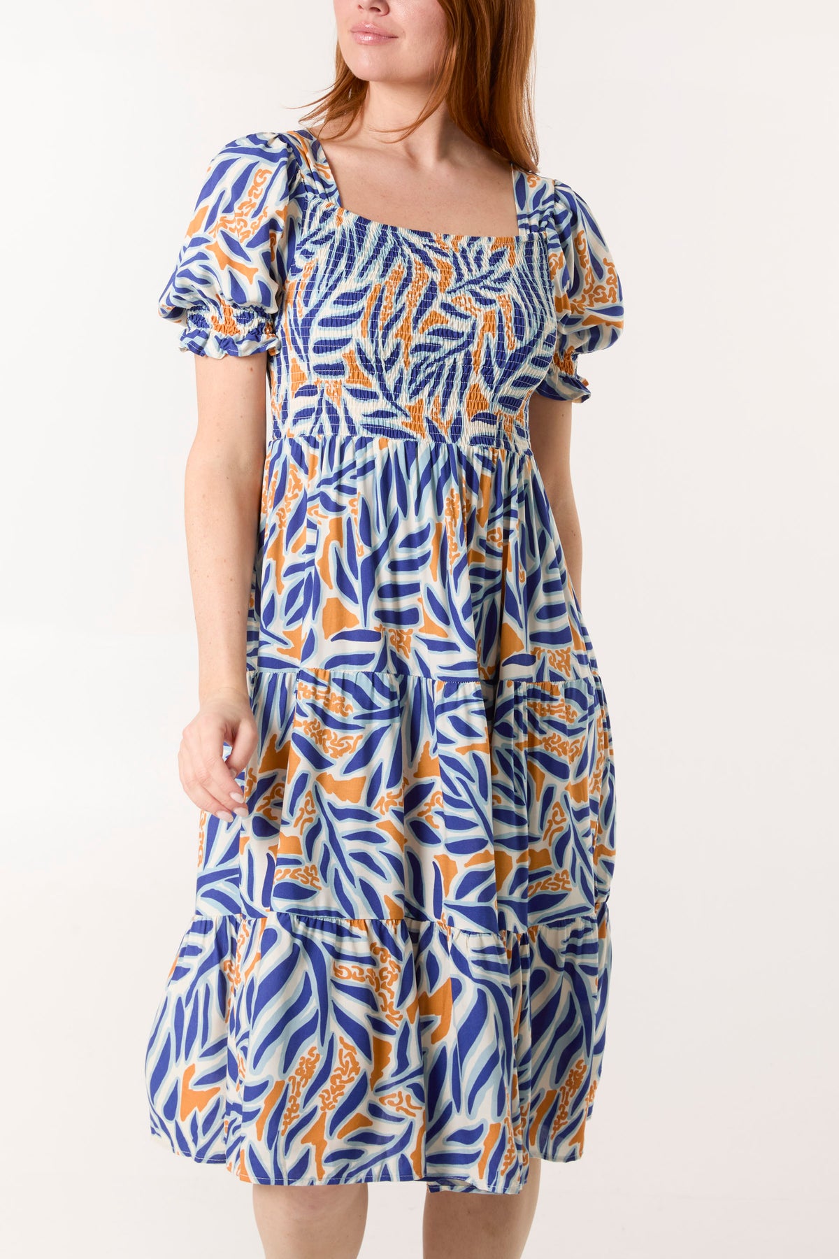 Tropical Leaf Shirred Square Neck Midi Dress