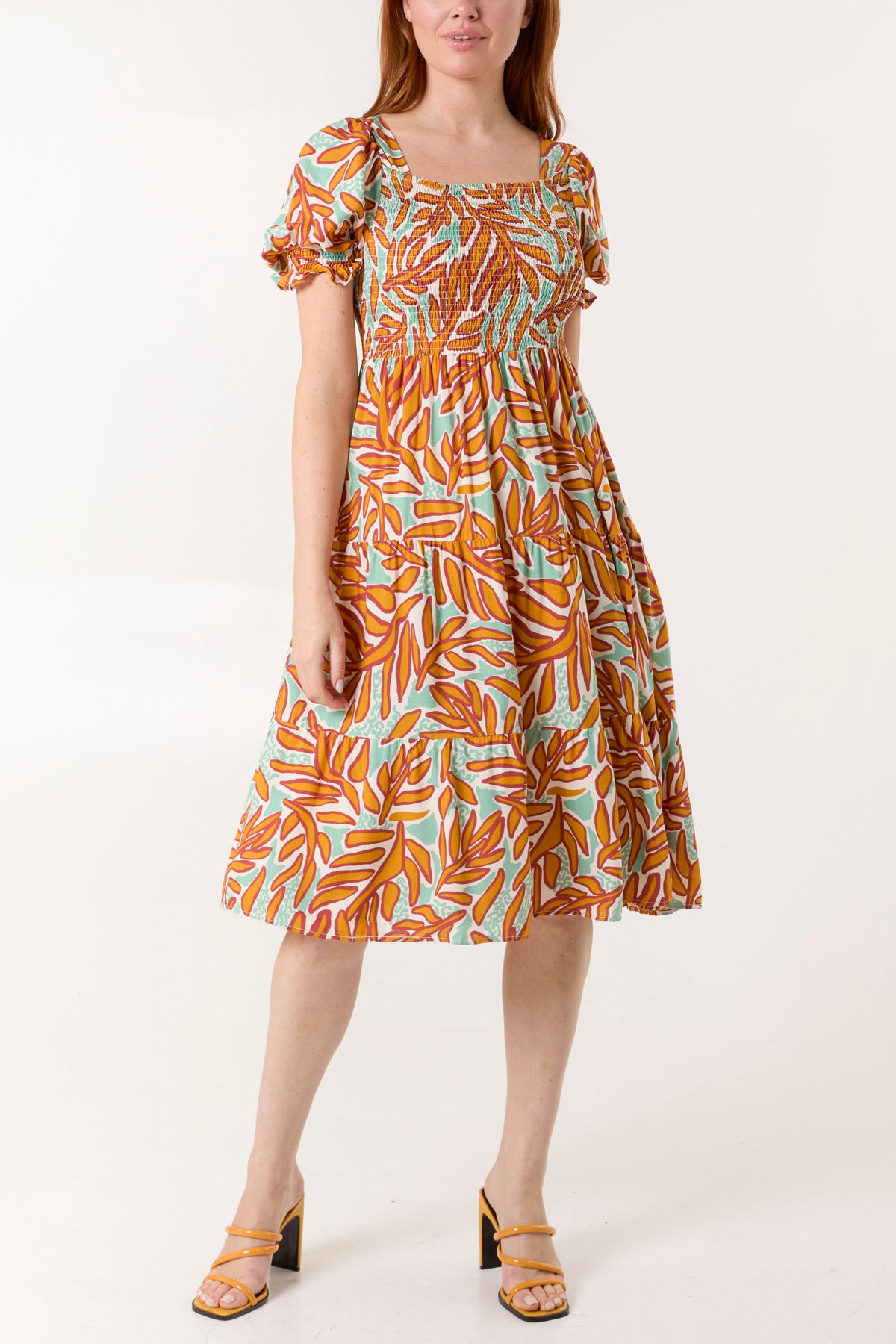 Tropical Leaf Shirred Square Neck Midi Dress