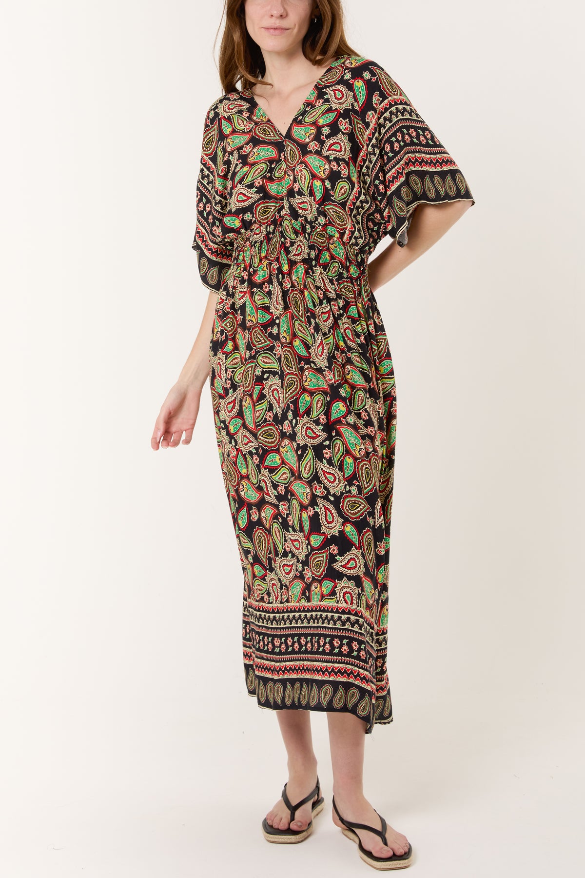 Vibrant Paisley Print Shirred Midi Dress