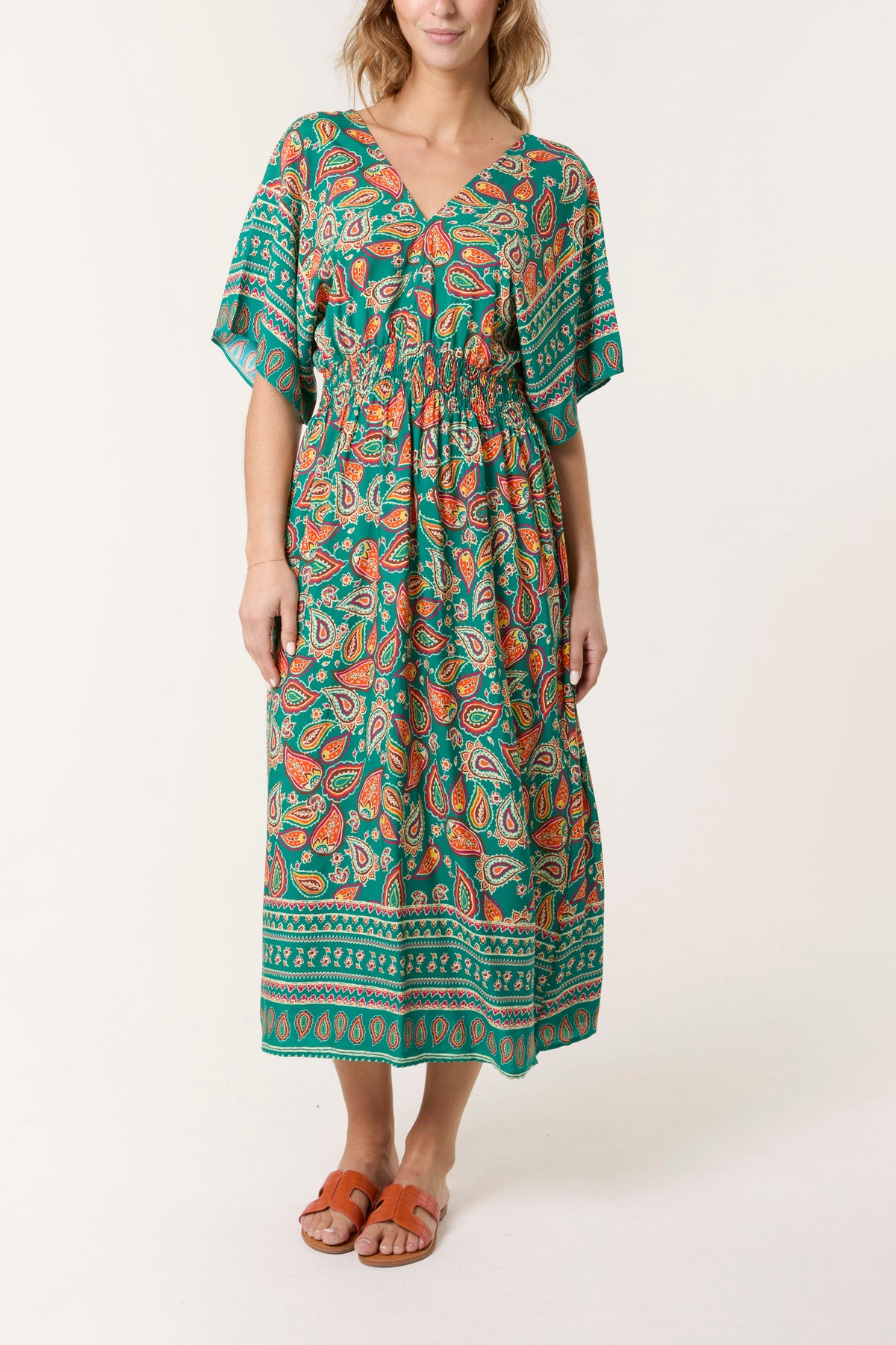 Vibrant Paisley Print Shirred Midi Dress