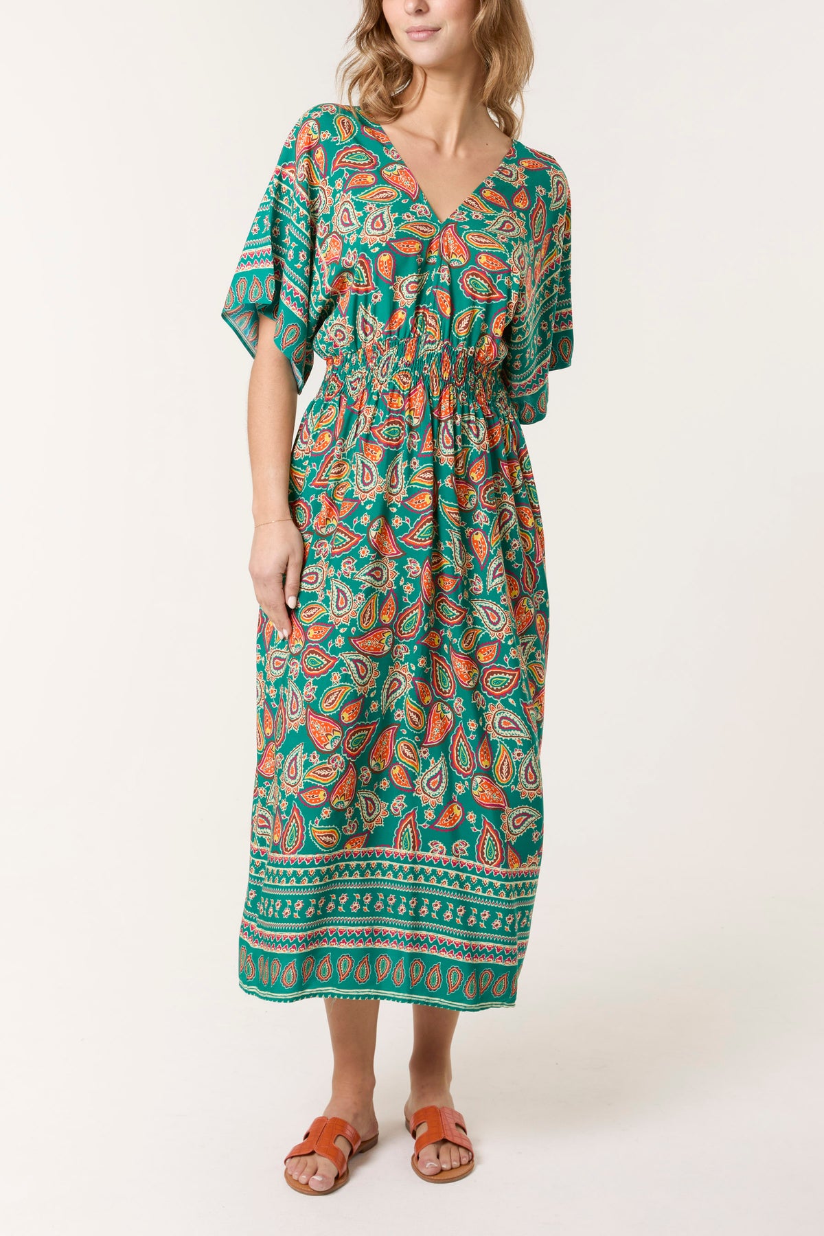 Vibrant Paisley Print Shirred Midi Dress