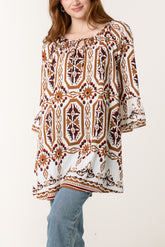 Bell Sleeve Mosaic Print Top