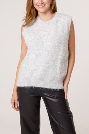 Crew Neck Sequin Knit Vest