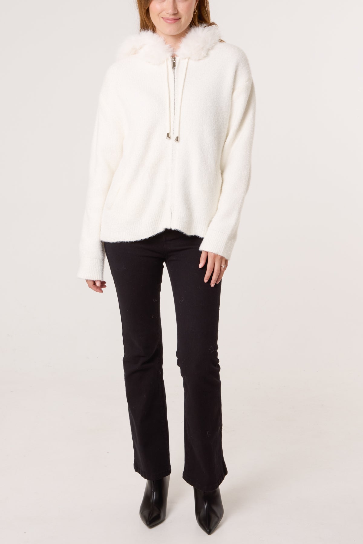 Zip Up Fur Trim Chenille Hairy Hoodie