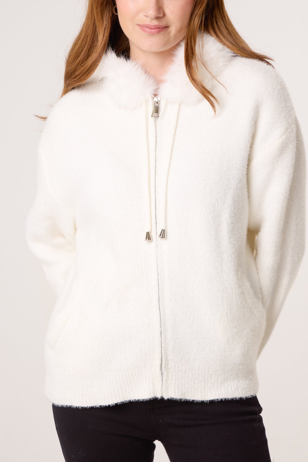 Zip Up Fur Trim Chenille Hairy Hoodie