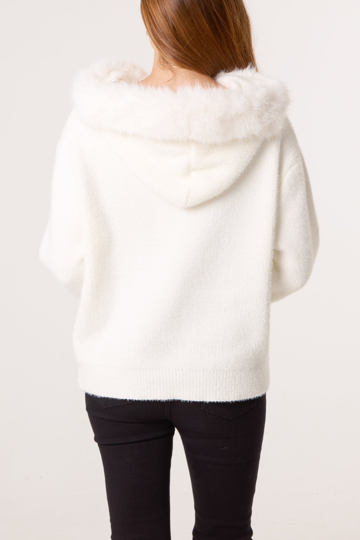Zip Up Fur Trim Chenille Hairy Hoodie