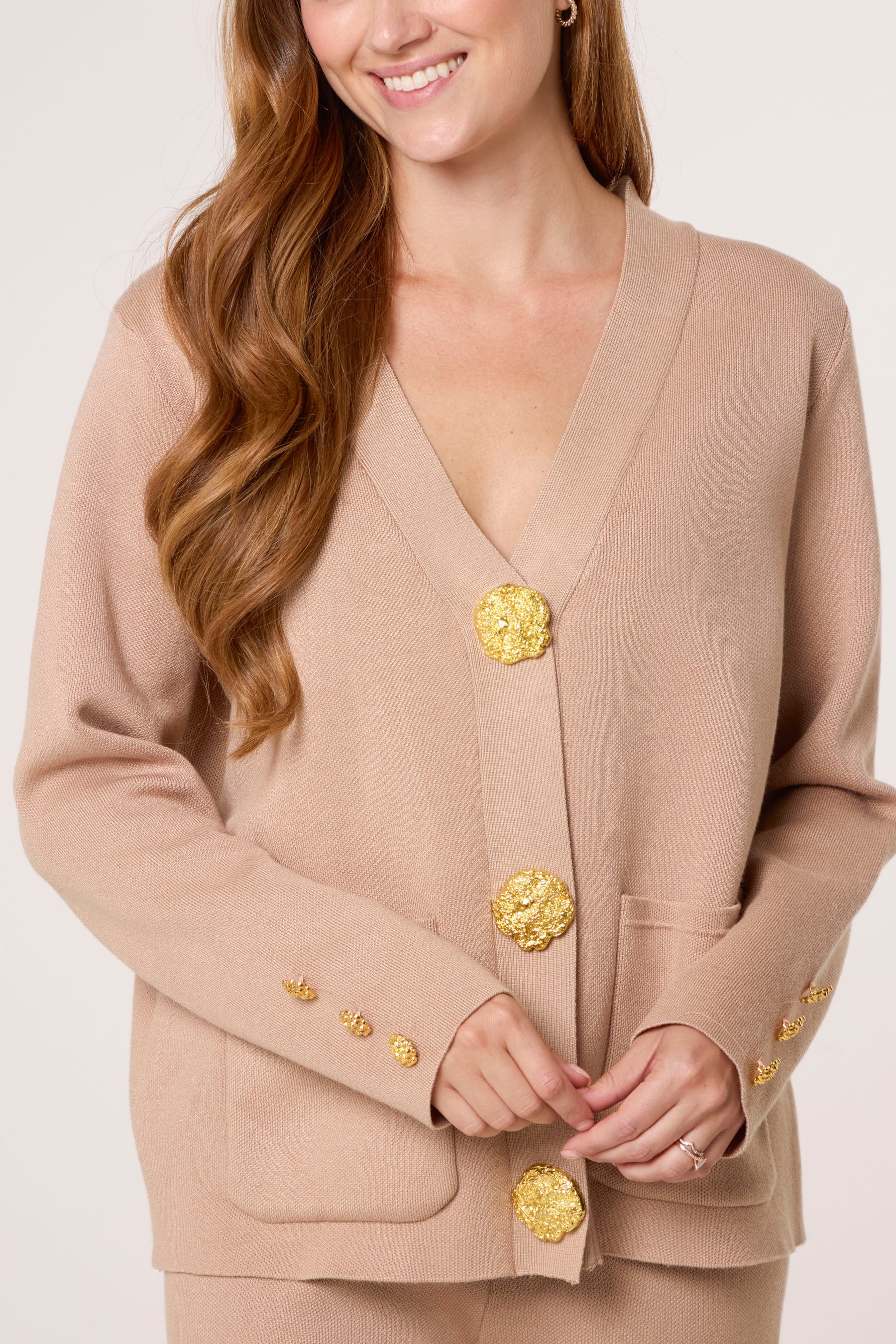 Gold Button Cardigan & Trousers Knit Set