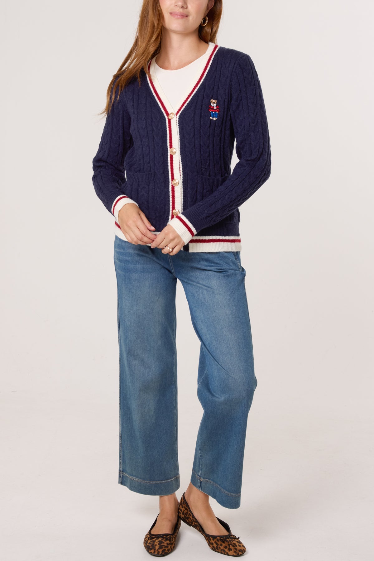 Striped Edge Teddy Bear Gold Button Cardigan