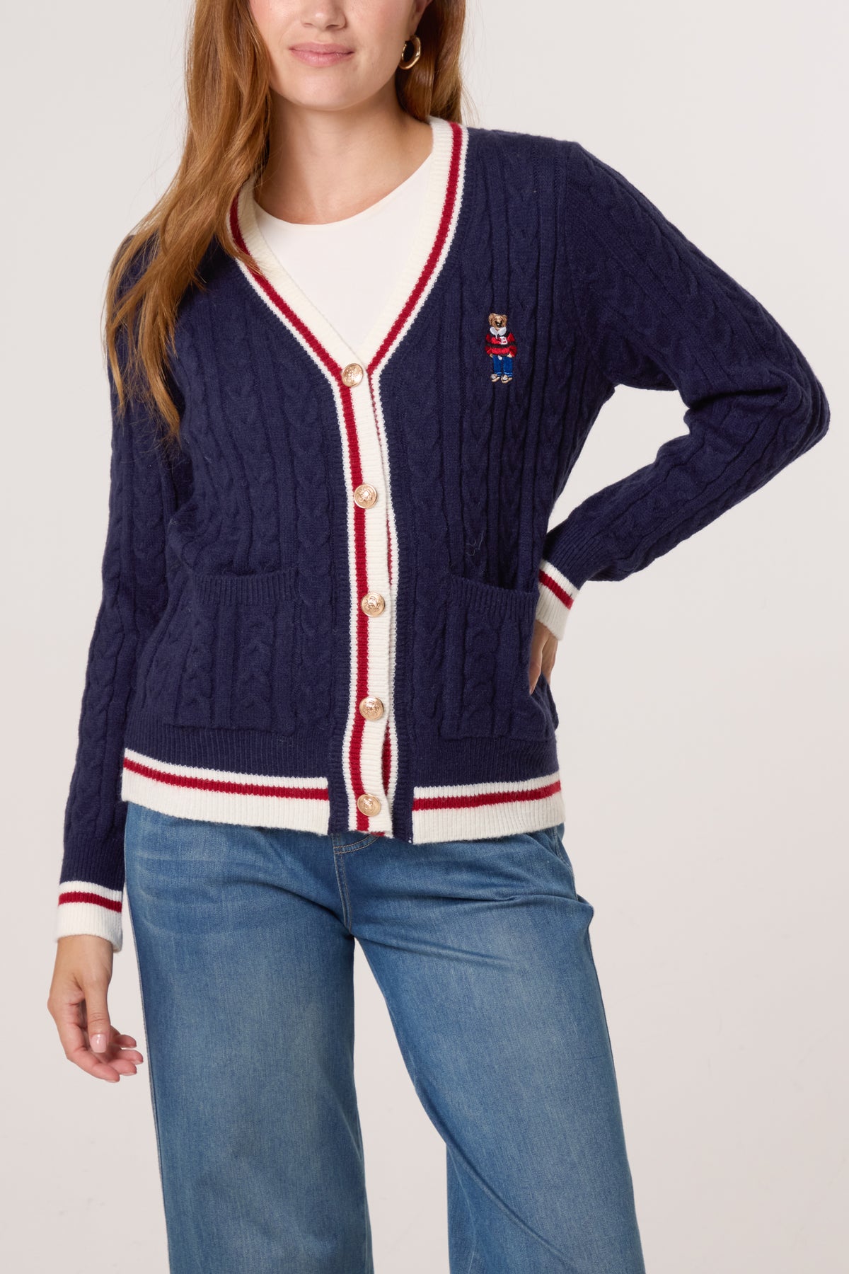 Striped Edge Teddy Bear Gold Button Cardigan