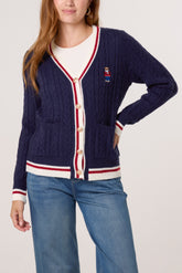 Striped Edge Teddy Bear Gold Button Cardigan