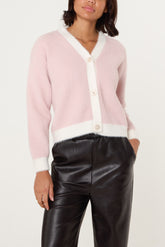 Contrast Pearl Button Knit Cardigan
