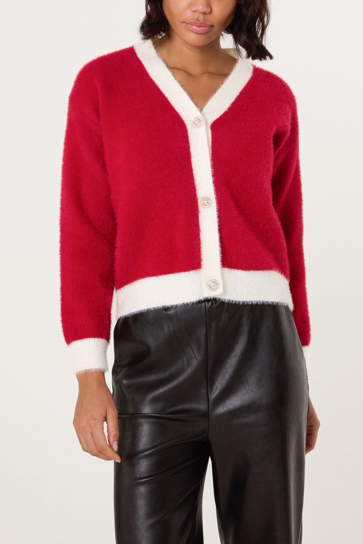 Contrast Pearl Button Knit Cardigan